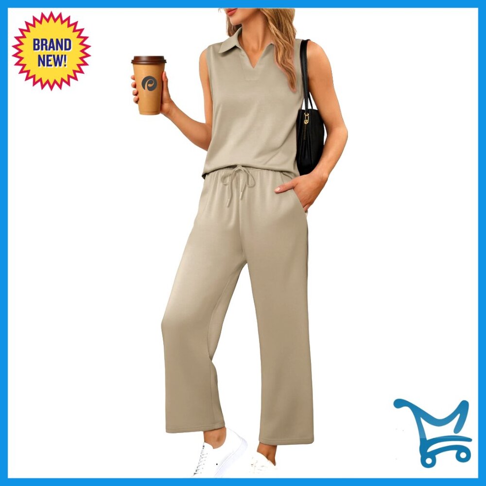 Sleeveless V Neck Top Wide Leg Pants Set Lounge Travel Tracksuit Minimal Chic